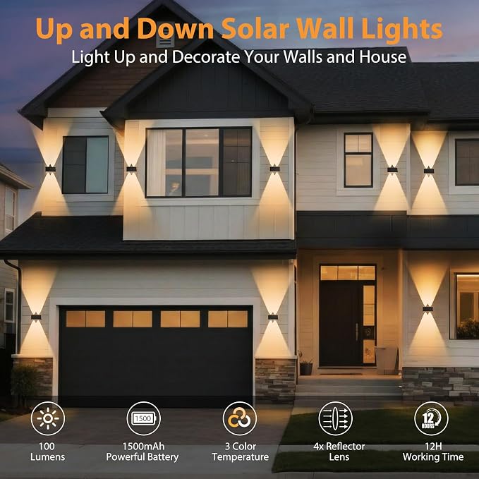 2PACK Solar Sconce Lights Outdoor,Warm White/Cool White/Natural Light 3 Modes Up and Down Solar Wall Lights IP65 Waterproof Solars Lights Outdoor for Exterior Front Porch Garage Fence Patio Yard