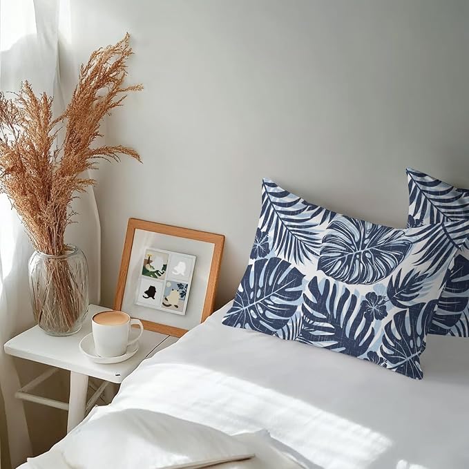Navy Blue Palm Leaves Outdoor Pillow Covers 20"x12" Set of 2, Tropical Botanical Minimalist Modern Waterproof Throw Pillow Covers for Patio Furniture, Decorative Cushion Covers for Porch