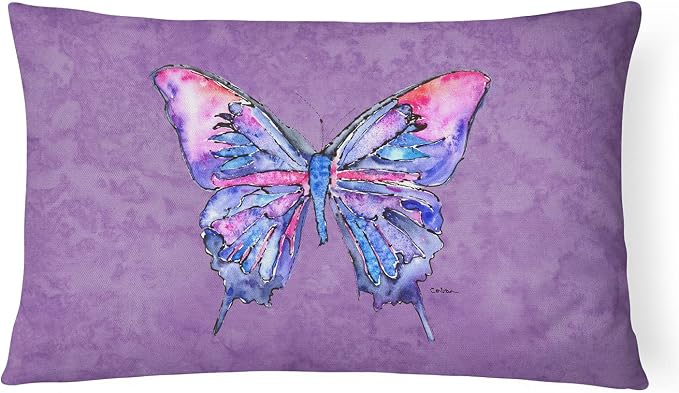 Caroline's Treasures 8860PW1216 Butterfly on Purple Canvas Fabric Decorative Pillow Machine Washable, Indoor Outdoor Decorative Pillow for Couch, Bed or Patio, 12HX16W
