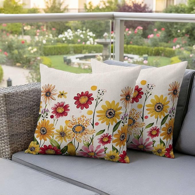 Yellow Red Spring Floral Outdoor Waterproof Throw Pillow Covers 20x20 Set of 2, Pastoral Summer Flower Rustic Decorative Pillowcases Cushion Pillowcase for Couch Sofa Patio Outside Pillow Protector
