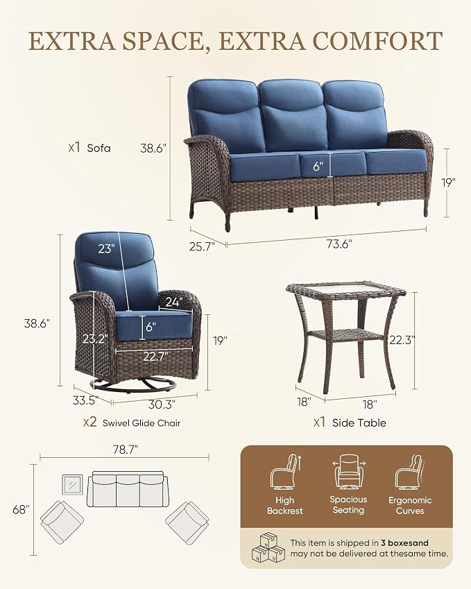 Belord Upgraded 6“ Cushion Luxury 5 Piece Patio Furniture Set - High Back Outdoor Furniture Set with Swivel Rocker Patio Chairs, All-Weather Wicker Conversation Set for Deck Porch Yard - Brown/Blue