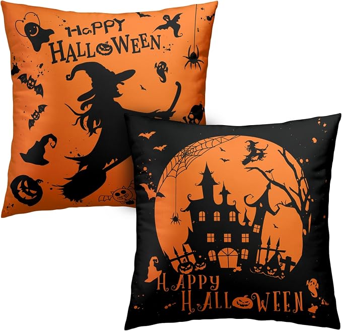 Halloween Decor Indoor Fall Pillow Covers 20x20 Pack of 2 Witch Castle Decor Black and Yellow Pillow Case Happy Halloween Pillow Covers Hallowee Room Decor for Sofa Bedroom