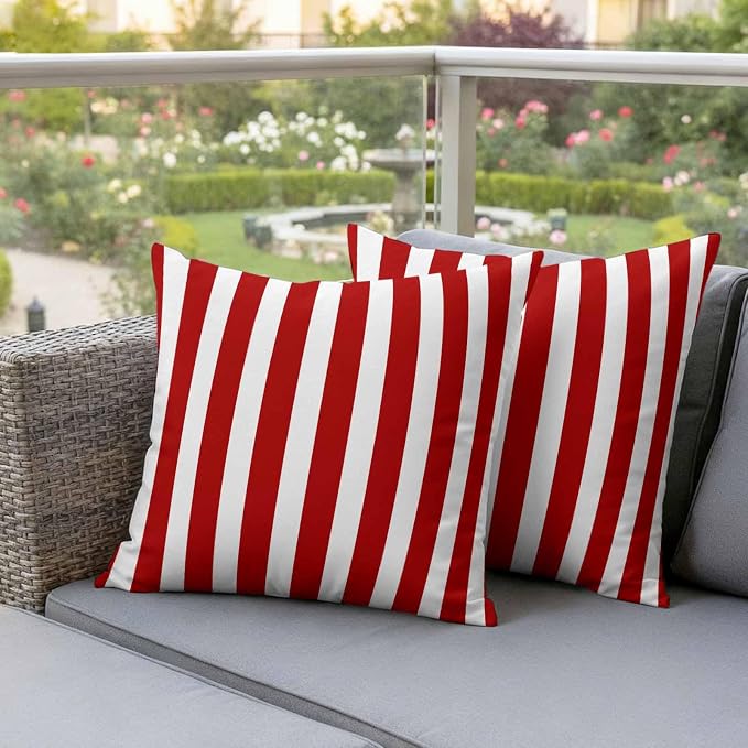 Red Striped Outdoor Waterproof Throw Pillow Covers 20x20 Set of 2, Christmas Farmhouse Red White Stripes Decorative Pillowcases Cushion Pillowcase for Couch Sofa Patio Outside Pillow Protector