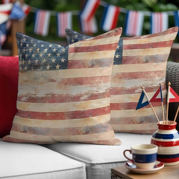 Independence Day Outdoor Pillow Covers 20"x20" Set of 2, Retro Country USA Flag Memorial Day Waterproof Throw Pillow Covers for Patio Furniture, Decorative Cushion Covers for Porch
