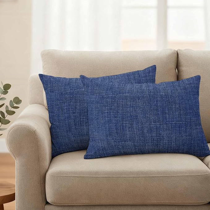 Outdoor Waterproof Throw Pillow Covers Set of 2 Navy Blue Linen Lumbar Pillowcases 20x12 Inches Farmhouse Pure Color Decorative Pillows Cushion Case Patio Pillows for Couch Bed Chair Garden