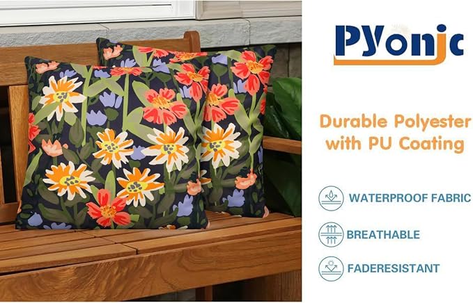 Pyonic Outdoor Pillows Covers Pack of 2 Spring Floral Waterproof Throw Pillow Covers 16X16 inch Outdoor Pillows for Patio Furniture Garden Square Outside Waterproof Pillow,Black