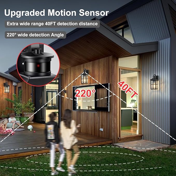 2 Pack Motion Sensor Porch Light Dusk to Dawn Outdoor Wall Light | Exterior Lighting Fixtures Modern Outside Wall Mount Coach Lamp for House Garage Patio Front Door(Black)