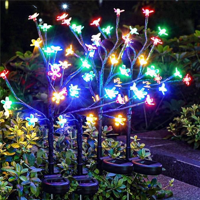 4 Pack Solar Lights Outdoor Waterproof, Garden Lights Solar Flowers | 2 Modes 80LED, Fairy Garden Decor for Outside, Yard, Patio, Pathway, Lawn Decorations, Gardening Gifts for Women Mom