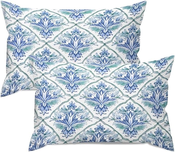 Set of 2 Blue and Green Floral Pattern Pillow Cases 12x18in Cushion Covers Farmhouse Pillows Covers for Couch Living Room Office Soft Rectangle Accent Pillowcase for Kids