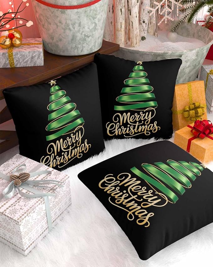 Black Christmas Tree Outdoor Pillow Covers 18 x 18 Inches, Green Xmas Tree with Star Waterproof Throw Pillow Cover Set of 2, Christmas Black Decorative Square Cushion Covers for Patio/Couch