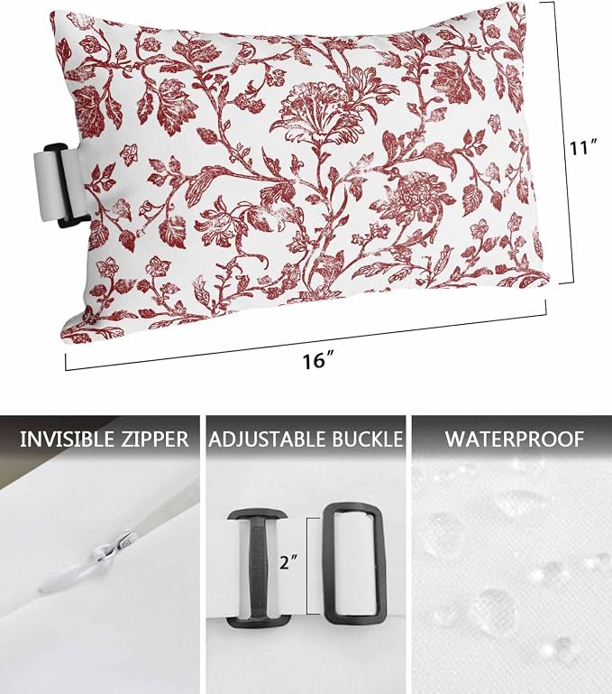 Pack of 4 Outdoor Lumbar Pillow Covers 11x16 Inch, Red Boho Flower Waterproof Throw Pillow Covers Set, Vintage Paisley Farmhouse Pattern Indoor&Outdoor Decorative Cushion Cases for Patio Porch Beach