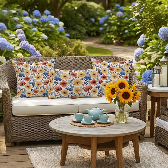 Spring Floral Outdoor Pillow Covers 16x16 Inch Throw Pillow Covers Set of 2 Waterproof Decorative Pillow Cases Red Yellow Blue Summer Botanical Cushion Covers for Patio Furniture Garden Couch Sofa