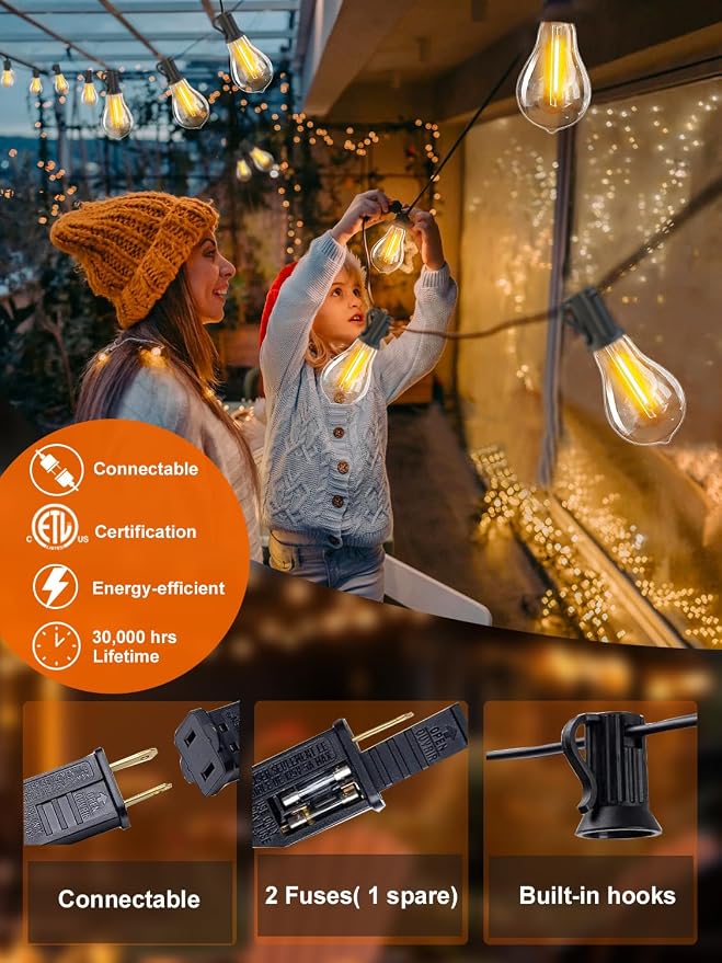 Outdoor String Lights 400FT Waterproof Patio Lights for Porch Backyard Yard | 2FT Bulbs Apart, 4x100FT Connectable Outside Lighting with 208 Shatterproof Dimmable Edison Bulbs for Garden Balcony Party