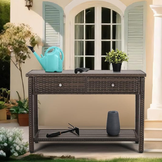 Outdoor Console Table with Drawer Patio Buffet Bar Storage Organizer 45"Long Wicker Sofa Serving Sideboard Table 2-Shelf Outdoor Narrow Bar Table Tall Rectangle with Adjustable Feet for Entryway Brown