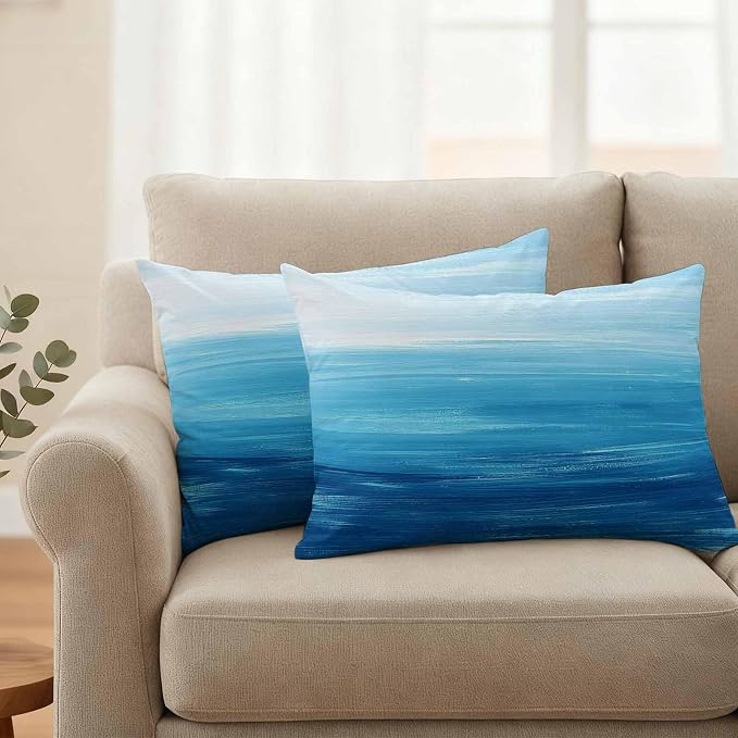 Outdoor Waterproof Throw Pillow Covers, Sky Blue Coastal Decorative Pillow Cases, Nautical Modern Ocean Wave Couch Pillow Protector Patio Sofa Cushion Covers Replacement 20"x12" 2 Pack