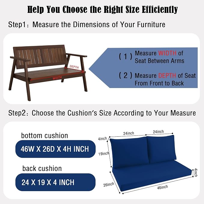Outdoor Loveseat Cushions for Patio Furniture, Waterproof Couch Hampton Bay Deep Seat Cushion Replacement Set 48" x 26", Patio Love Seat Sofa Cushions for Garden Chair