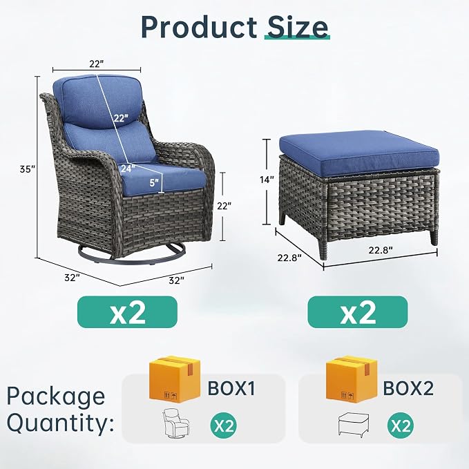 Outdoor Swivel Rocker Patio Chairs with 2 Ottomans - 5" Thick Cushion 4 Piece Furniture Set All Weather Comfortable Wicker Conversation Set for Porch Poolside and Deck - Gray/Blue