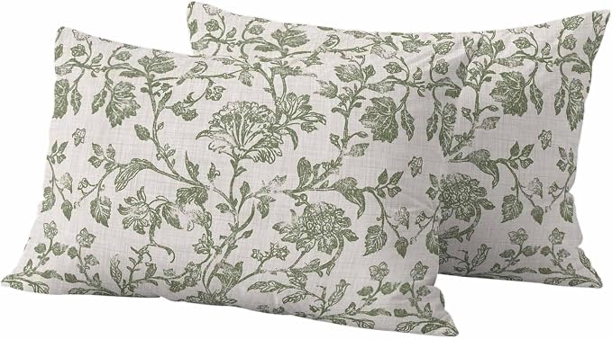 Pastoral Flowers Outdoor Pillow Covers 20"x12" Set of 2, Green Flower Vintage Linen Texture Waterproof Throw Pillow Covers for Patio Furniture, Decorative Cushion Covers for Porch