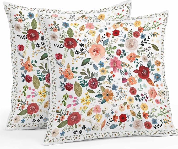 Vandarllin Outdoor Throw Pillows Covers 26x26 inch Set of 2 Waterproof Cream Floral Decorative Zippered Cushion Covers for Patio Furniture, Farmhouse Vintage Flower Lumbar Pillowcases