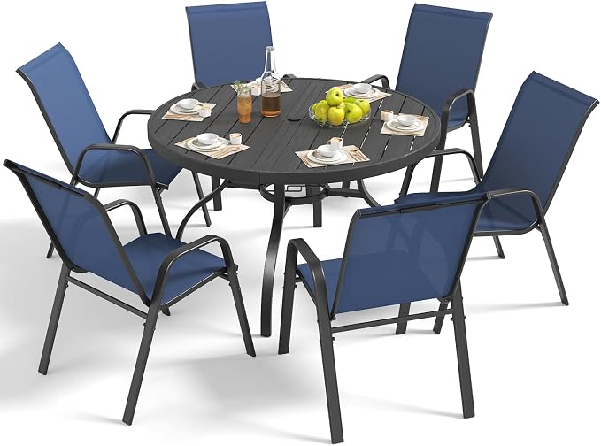 Outdoor Patio Dining Set for 6, 7 Pieces Patio Table and Chairs Set with Umbrella Hole, 47"x 47" Round Metal Wood-Grain Dining Table Set with 6 Stackable Patio Chairs for Deck , Backyard, Porch