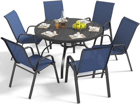 Outdoor Patio Dining Set for 6, 7 Pieces Patio Table and Chairs Set with Umbrella Hole, 47"x 47" Round Metal Wood-Grain Dining Table Set with 6 Stackable Patio Chairs for Deck , Backyard, Porch