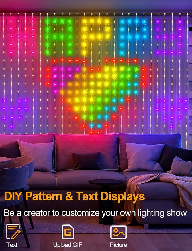 echosari 400 LED Smart Curtain Lights Plug in with App Programmable | 6.6 x 6.6ft RGB&IC DIY Pattern Music Sync for Bedroom Backdrop Decor