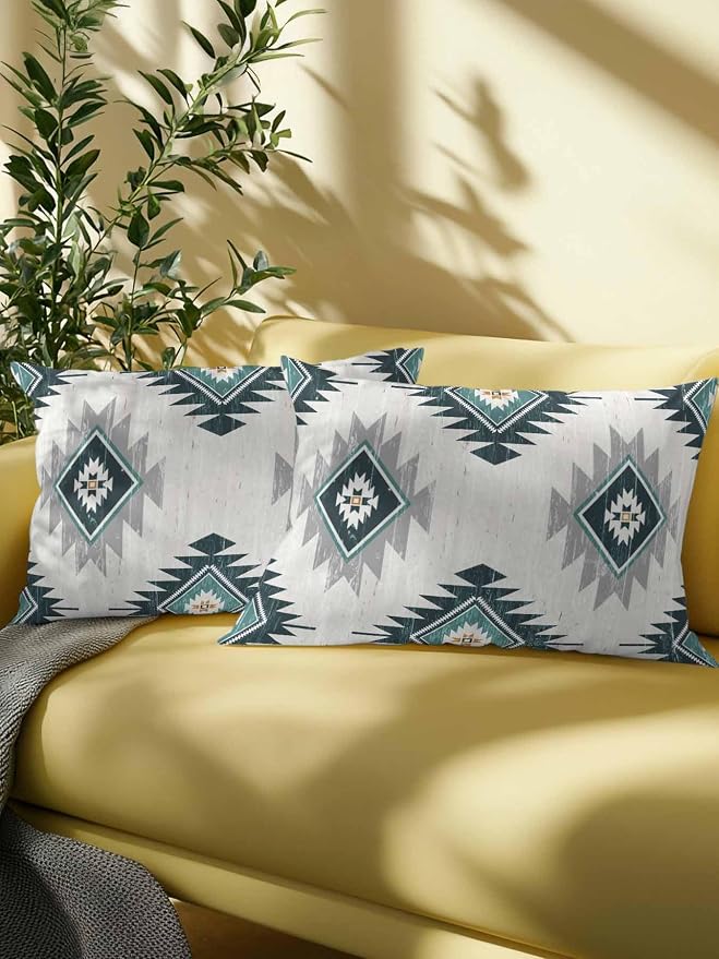 Waterproof Outdoor Pillow 1 Pack Turquoise Boho Aztec Decorative Throw Pillows Cover & Insert 20x12 Inch Lumbar Pillowcase Southwest Tribal Style Pillows for Couch Sofa Bed Patio Furniture