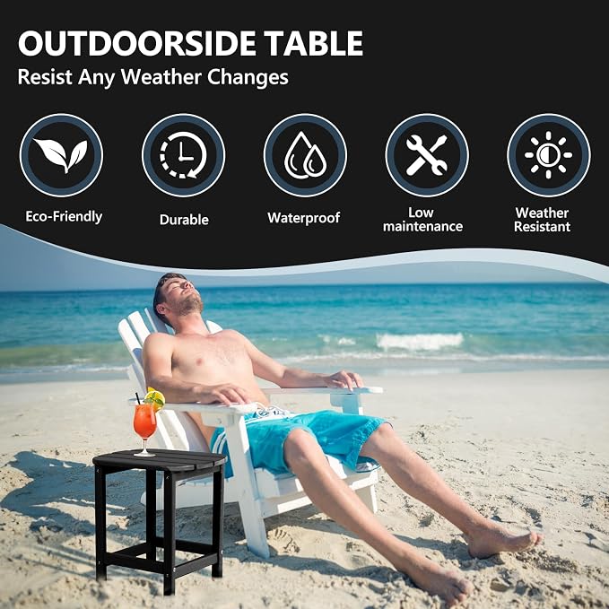 Plawdlik Hdpe Outdoor Adirondack Side Table, Wooden Textured, Set for Patio, Garden, Porch, Pool Composite Patio, Backyard, Bathroom and Indoor, Maintenance & Weather Resistant(Black)
