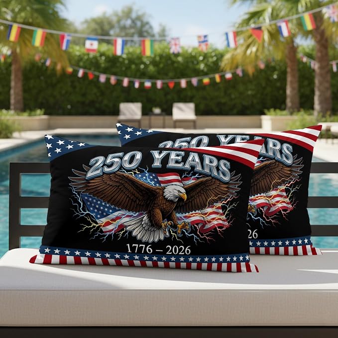 America 250 Years Eagle Outdoor Pillow Covers 20"x12" Set of 2, Independence Day Lightning Red Blue Flag Waterproof Throw Pillow Covers for Patio Furniture, Decorative Cushion Covers for Porch