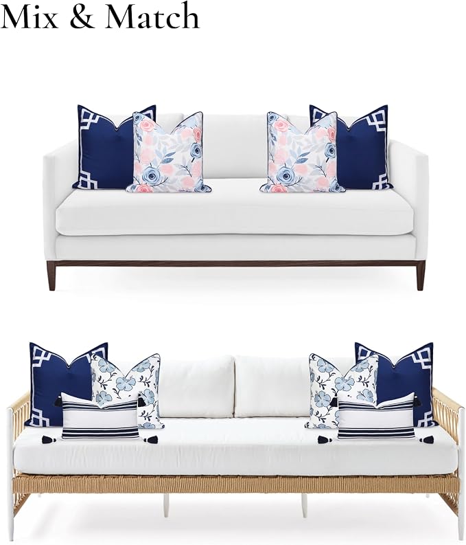 Hofdeco Premium Coastal Patio Indoor Outdoor Throw Pillow Cover Only, 20"x20" Water Repellent for Backyard, Couch, Navy Blue Embroidered Frame Greek Key