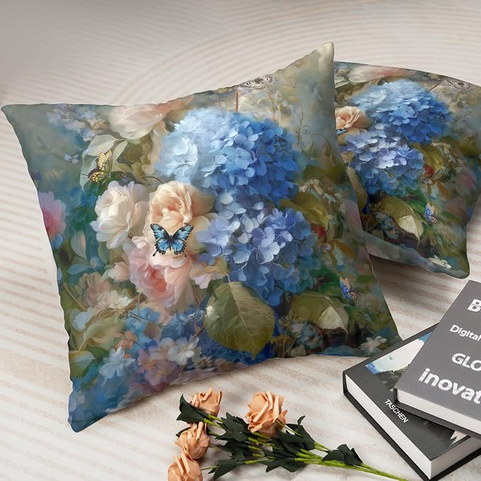 Vintage Rose Hydrangea Pillow Covers Oil Painting Floral Throw Pillow Covers Spring Summer Pillow Case 20x20 Blue Pink Flowers Cushion Case for Living Room Couch Sofa Set of 2