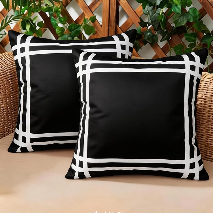 Set of 2 Outdoor Waterproof Pillow Covers 18x18 Black White Plaid | Classic Black and White Plaid Pattern Brings Farmhouse Charm to Indoor and Outdoor Decor