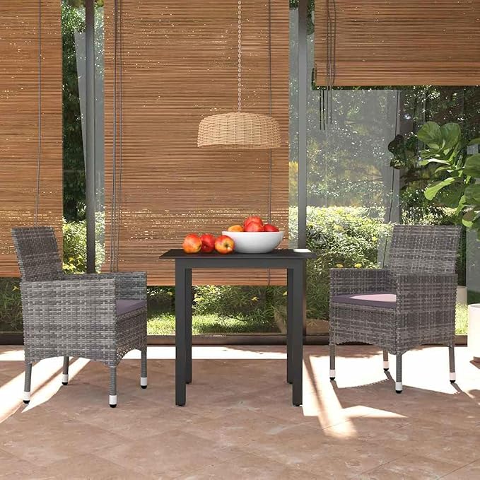 3 Piece Outdoor Dining Set Grey PE Rattan Square Bistro Table and 2 Chairs with Cushions for Patio Balcony Garden Space Saving Furniture Set for 2 People