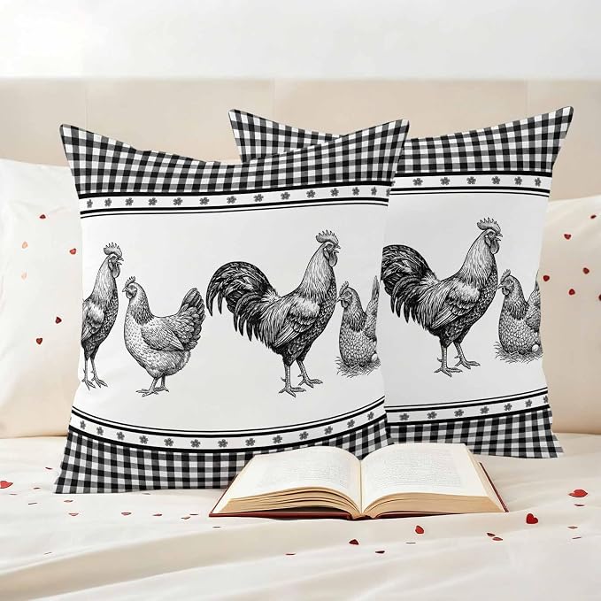 Navy Blue Rooster Outdoor Pillow Covers Waterproof, All Weather Cushion Case Set of 2, Vintage Farmhouse Black Plaid Decorative Pillowcases for Sofa Couch Bed Decor Patio Furniture 16"x16"