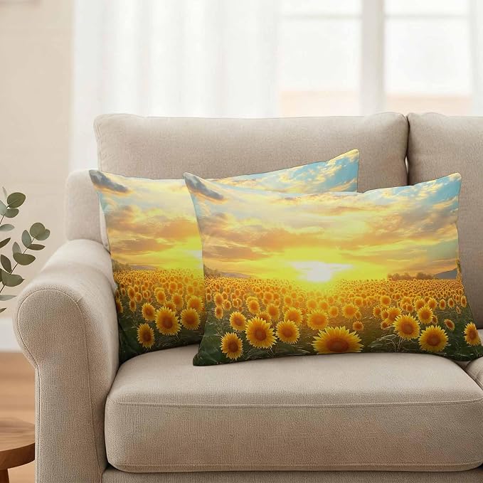 Yellow Sunflowers Waterproof Outdoor Pillow Covers Set of 2 Home Decor, Farmhouse Botanical Floral Sunset Pillowcase Patio Pillow Covers for Couch Bench Furniture Garden 20x12in