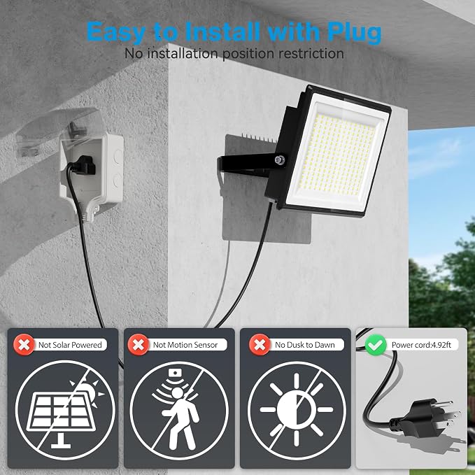 Olafus 2 Pack 200W LED Flood Light Outdoor, 18000LM Super Bright IP66 Waterproof Exterior Security Lights with Plug, 6500K Daylight White Exterior Floodlights for Stadium Yard Barn