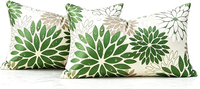 Dahlia Flowers Throw Pillow Covers 12×20 Inches Pack of 2 Outdoor Waterproof Pillow Case Green and Grey Decorative Cushion Covers With Invisible Zipper for Patio Furniture Sofa Garden Living Room