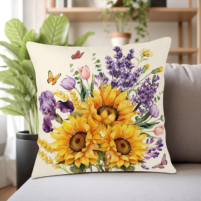 Sunflower Pillow Covers Floral Purple Lavender Butterfly Throw Pillow Covers Spring Summer Tulip Iris Flower Pillow Cases 22x22 for Home Farmhouse Couch Sofa Bed Decor 2 Pack