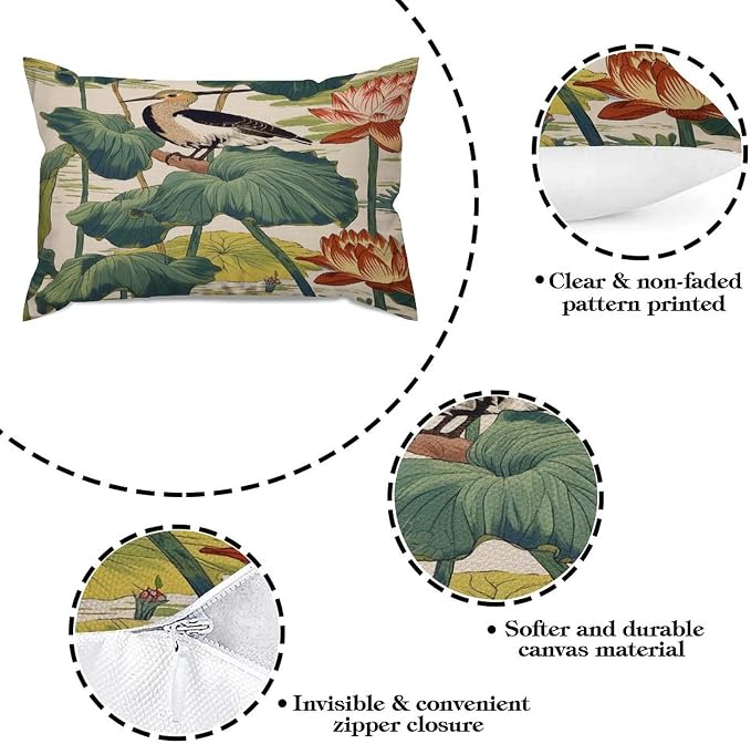 Set of 2 Chinese Pond Bird Decorative Throw Pillow Covers 12x18in Farmhouse Rectangle Accent Pillow Cases Cushion Cover Cases for Sofa Chair Bedroom Home Decor