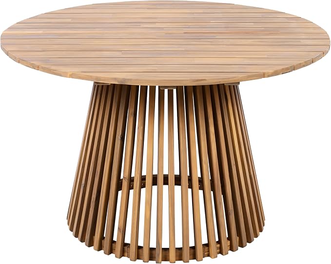 Christopher Knight Home Briar Farmhouse Acacia Wood Round Dining Table, Patio Dining Room Table with Unique Wooden Base for Backyard/Garden, Slatted Design Outdoor Dining Table, Light Teak