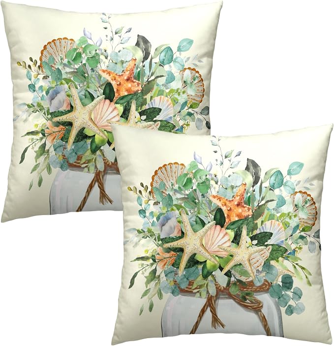Summer Eucalyptus Coastal Pillow Covers 22x22 Set of 2 - Beach Starfish Flowers Jar Seasonal Decorative Cushion Cover Cotton Linen Pillowcase for Living Room Bedding Sofa Couch