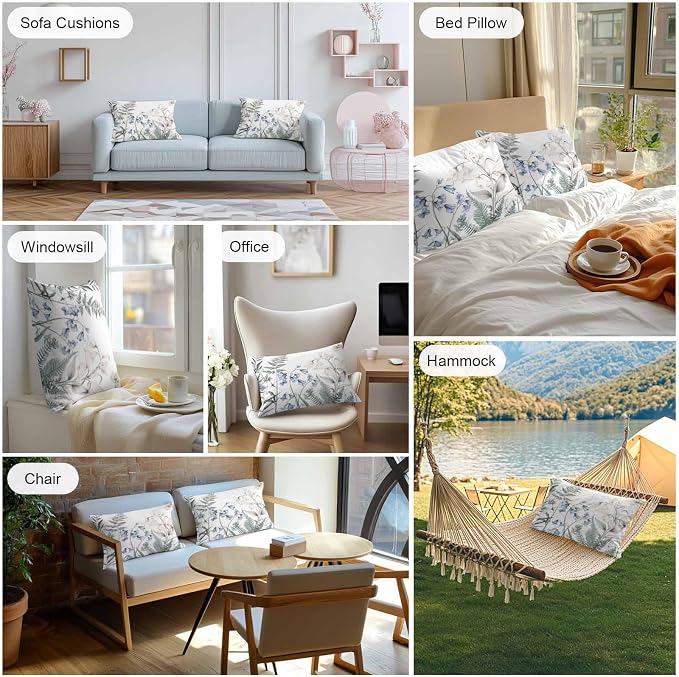 Lumbar Pillow Covers 20x12 Inch Set of 2, Blue Beige Floral Waterproof Outdoor Pillow Covers, Farmhouse Botanical Decorative Cushion Pillowcases for Couch, Sofa, Bed, Garden, Patio