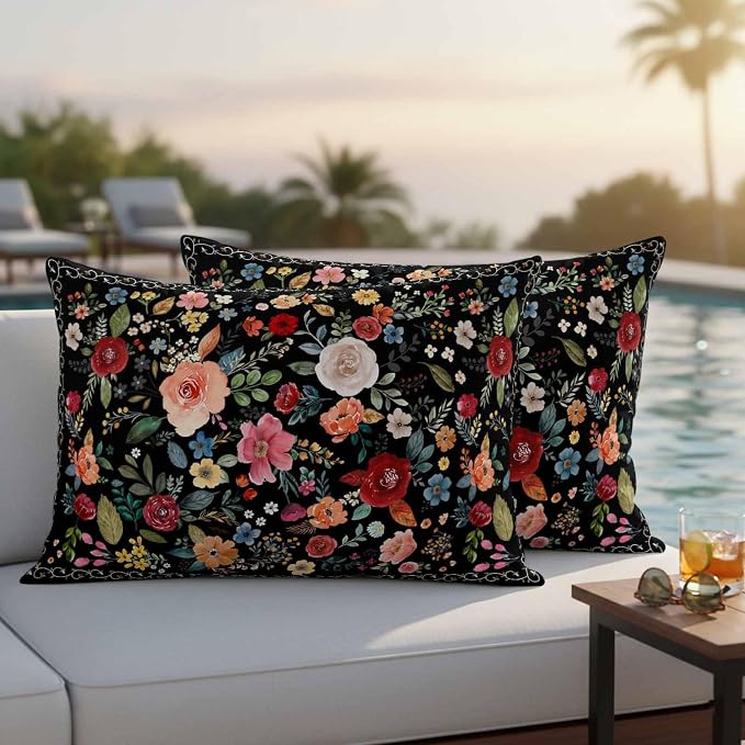 Watercolor Flowers Waterproof Outdoor Pillow Covers 20''x12'' Set of 2, Farmhouse Floral Patio Furniture Black Cushion Covers for Chairs, Decorative Vintage Wildflowers Pillow Cases for Garden/Pool