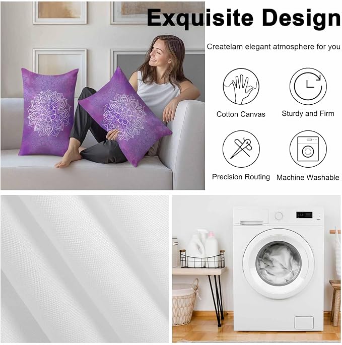 Vandarllin Outdoor Throw Pillows Covers 20x12 inch Set of 2 Waterproof Purple Boho Floral Decorative Zippered Cushion Covers for Patio Furniture, Bohemian Flower Lumbar Pillowcases