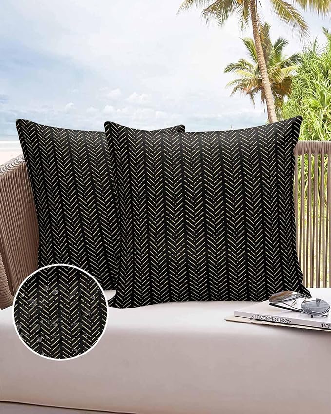 Black Gold Striped Outdoor Pillow Covers Waterproof,All Weather Cushion Case Set of 2 Decorative Pillowcases for Sofa Couch Bed Decor Patio Furniture 20"x20" Boho Minimalist Geometric Bohemia