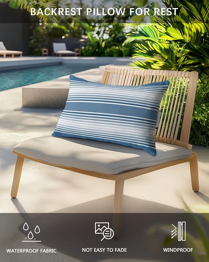 Pack of 4 Outdoor Lumbar Pillow Covers 12x20 Inch, Blue Striped Waterproof Throw Pillow Covers Set, Blue Ombre Farmhouse Stripes Indoor&Outdoor Decorative Cushion Cases for Patio Porch Car