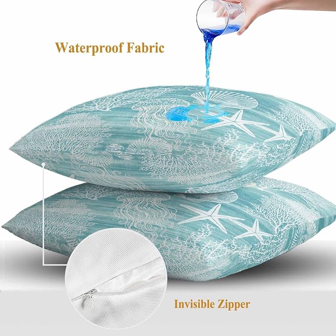 Teal Coastal Outdoor Waterproof Throw Pillow Covers Set of 2, 20"x20", Nautical Starfish Jellyfish Coral Summer Decorative Pillow Covers Outside Cushion Case for Patio Porch Garden