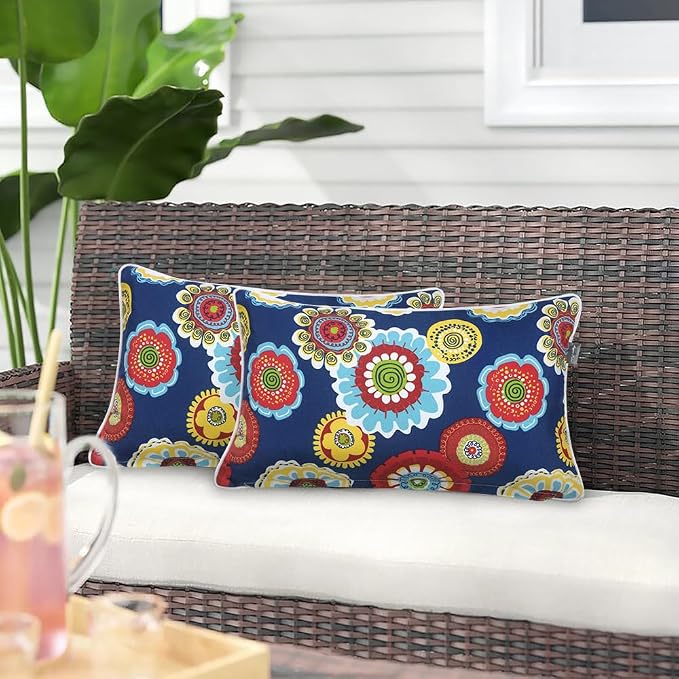 Magpie Fabrics Pack of 2 Outdoor Waterproof Lumbar Rectangular Throw Pillow with Insert 12x20 Inch, Home Decorative Toss Cushion for Patio Garden Car Office (Floral Navy)