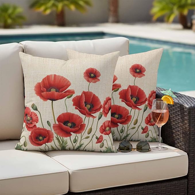 Flowers Outdoor Waterproof Throw Pillow Covers 18"x18" Set of 2, Red Opium Poppy Flowers Vintage Linen Decorative Garden Pillowcase with Zipper Cushion Case for Patio Couch Tent