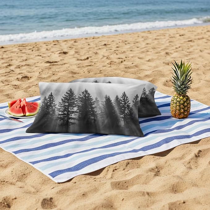 Black Forest Mist Scenery Outdoor Pillow Covers 20"x12" Set of 2, Nature Pine Trees Sunbeams Modern Waterproof Throw Pillow Covers for Patio Furniture, Decorative Cushion Covers for Porch